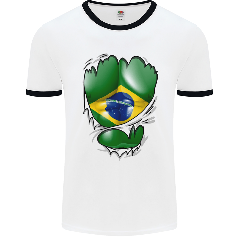 Gym Brazilian Flag Ripped Muscles Brazil Mens White Ringer T-Shirt White/Black