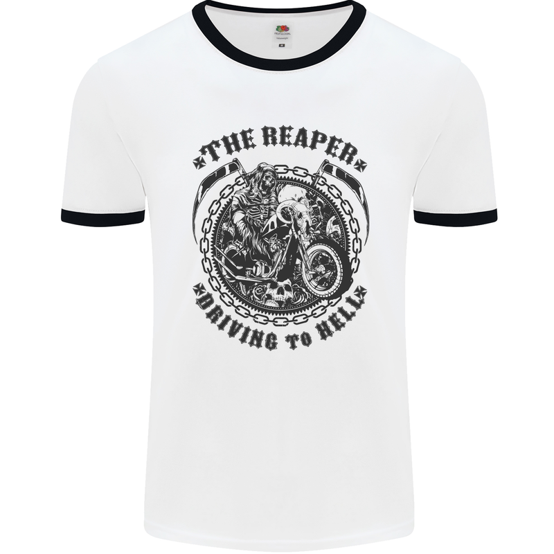 Grim Reaper Motorbike Motorcycle Biker Mens White Ringer T-Shirt White/Black