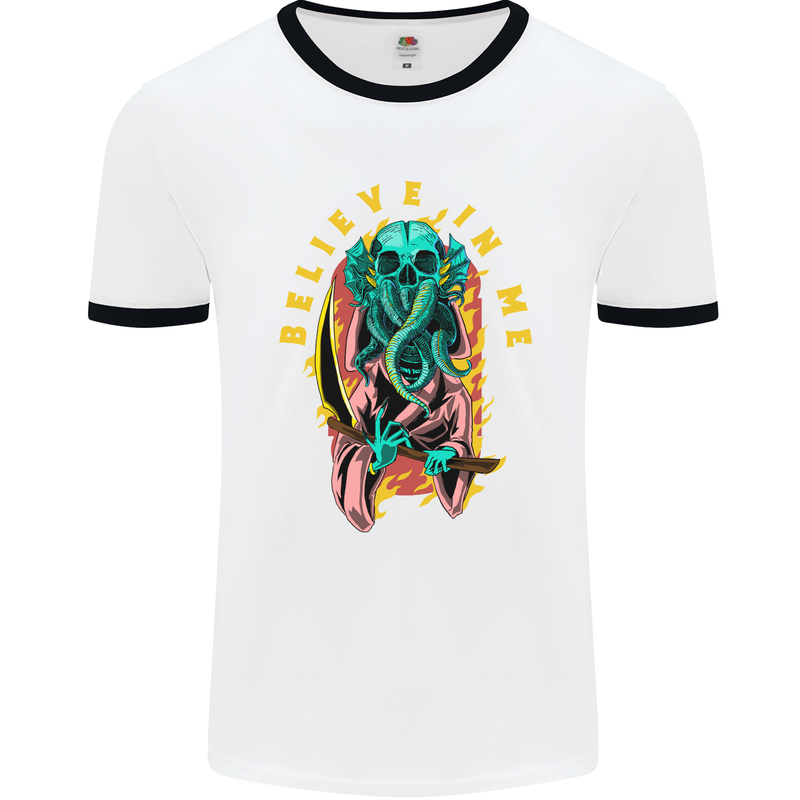 Cthulhu Believe in Me Octopus Kraken Skull Mens White Ringer T-Shirt White/Black