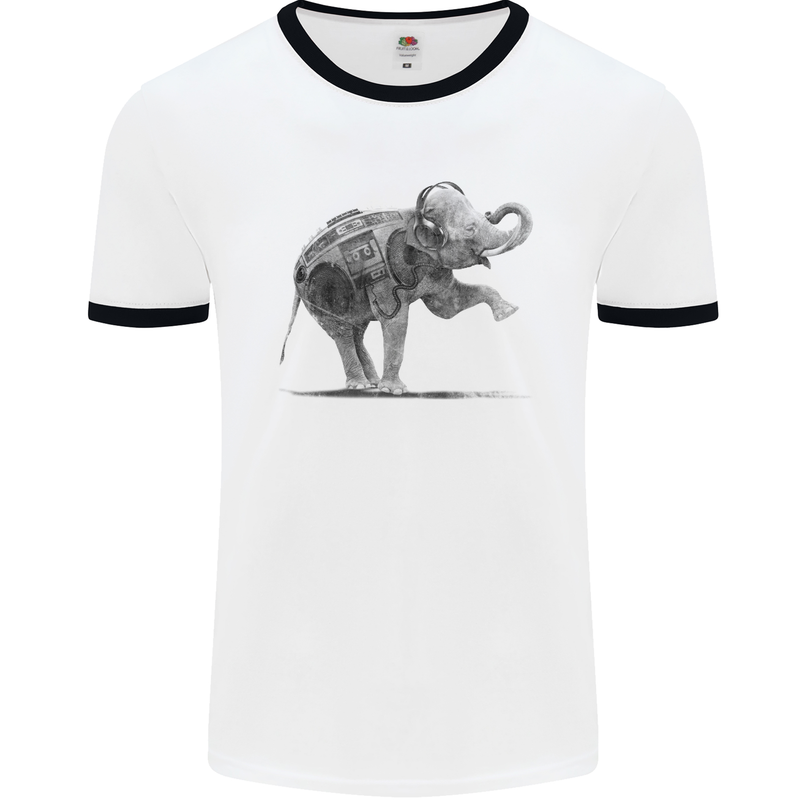 Dancing Musical Elephant Ghetto Blaster Mens White Ringer T-Shirt White/Black