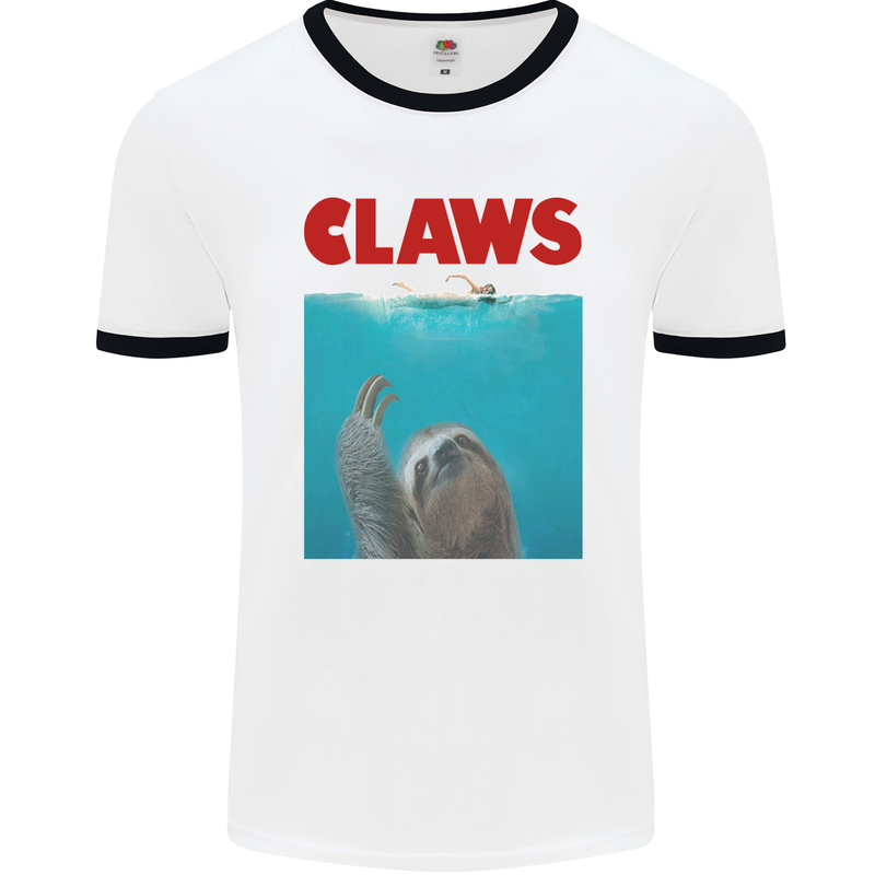 Claws Funny Sloth Parody Mens White Ringer T-Shirt White/Black