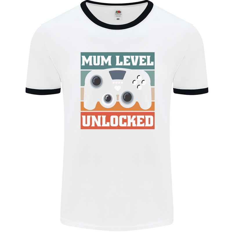 Mum Level Unlocked New Mommy Baby Born Mens White Ringer T-Shirt White/Black