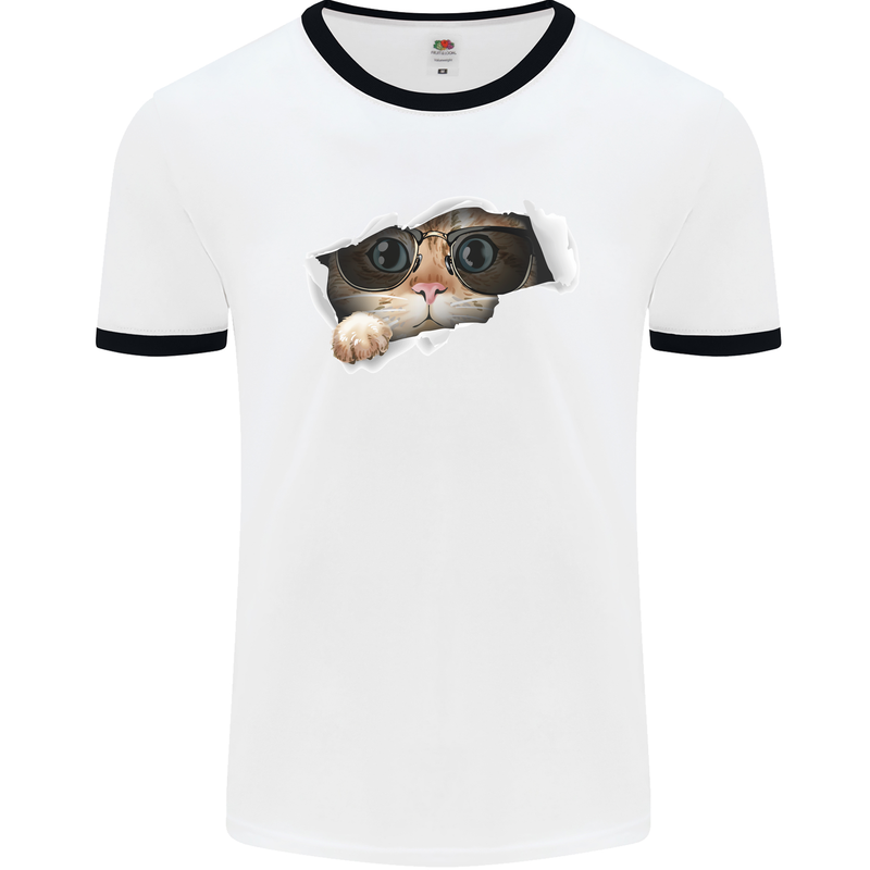 A Funny Cat Peeking From a Ripped Top Mens White Ringer T-Shirt White/Black