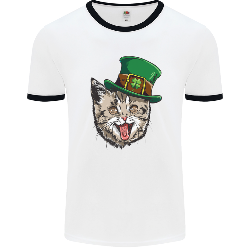 St Patricks Day Cat Funny Irish Mens White Ringer T-Shirt White/Black