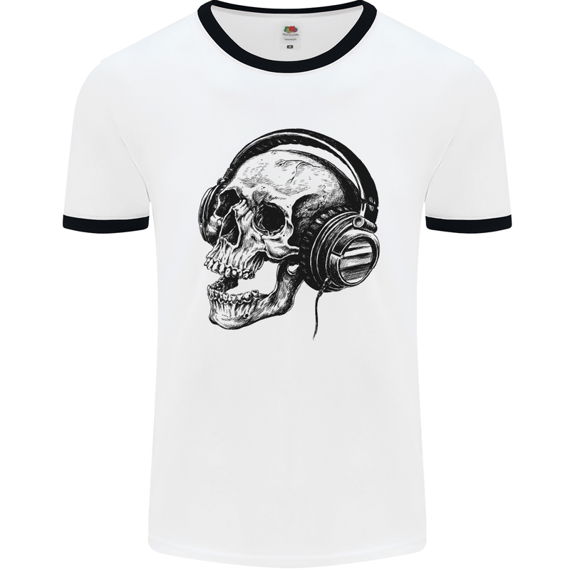 Skull Headphones Gothic Rock Music DJ Mens White Ringer T-Shirt White/Black