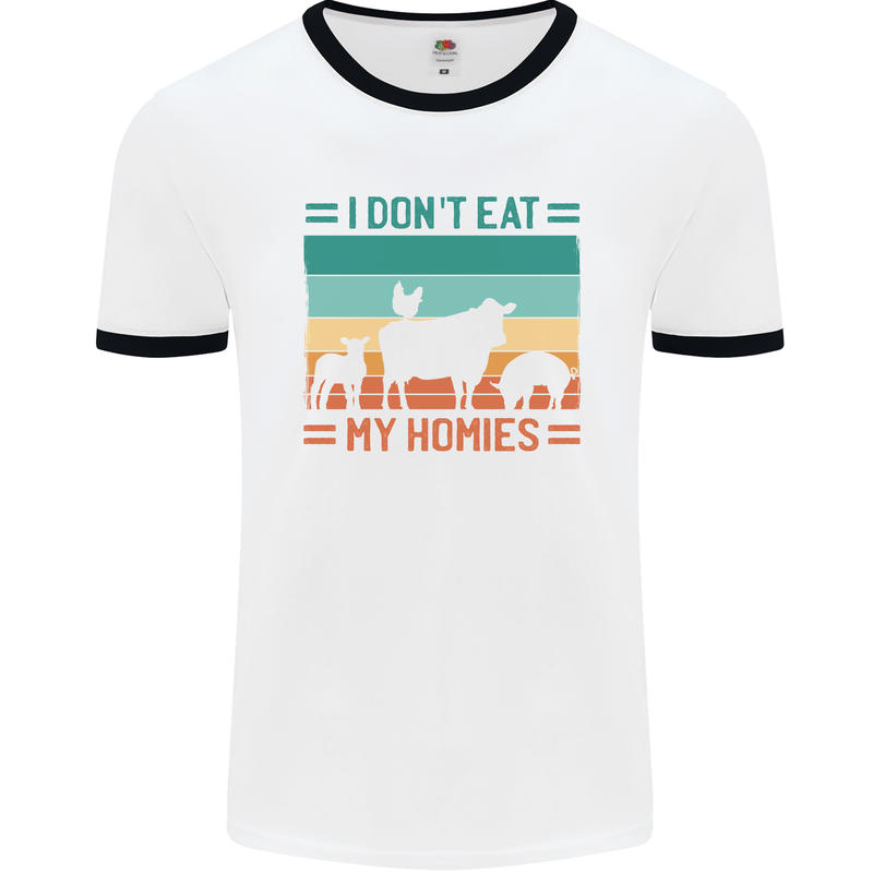 I Don't Eat My Homies Funny Vegan Vegetarian Mens White Ringer T-Shirt White/Black