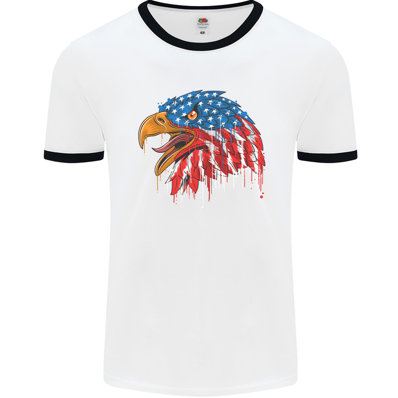 American Eagle USA Flag July 4th Mens White Ringer T-Shirt White/Black