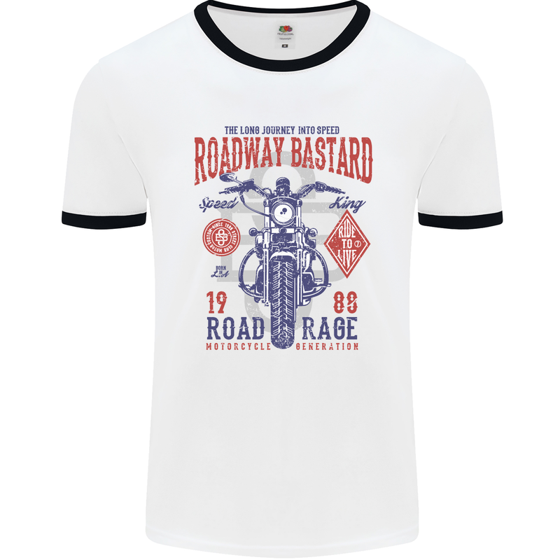 Roadway Bastard Motorcycle Biker Motorbike Mens White Ringer T-Shirt White/Black