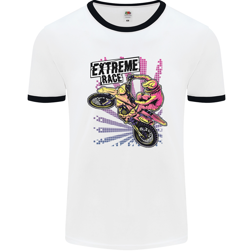 Extreme Race Motocross Dirt Bike Motorbike Mens White Ringer T-Shirt White/Black