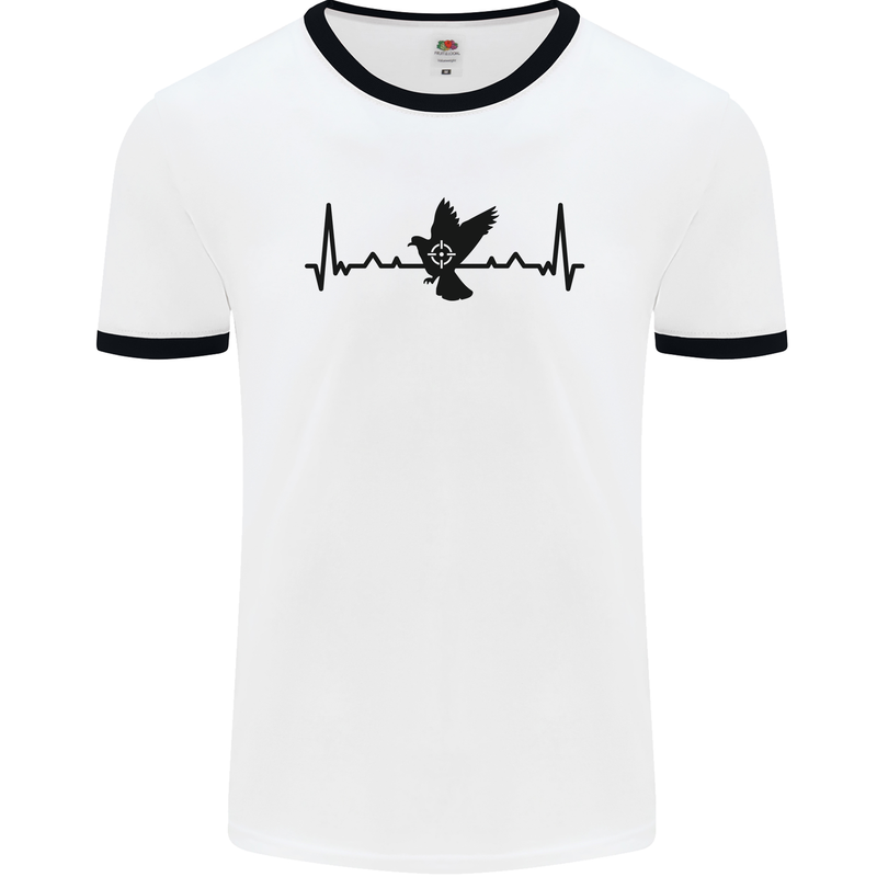 Pigeon Hunting Heart Beat ECG Hunter Mens White Ringer T-Shirt White/Black