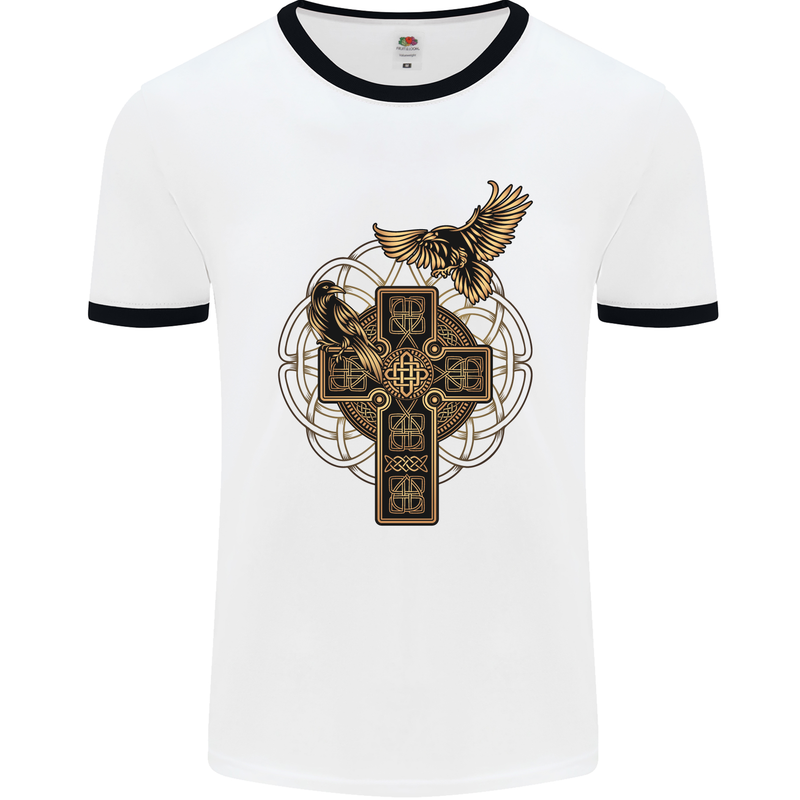 Odins Celtic Raven Viking Thor Ragnar Norse Mens White Ringer T-Shirt White/Black