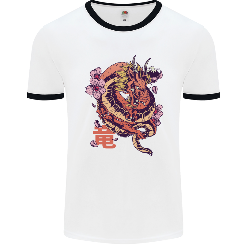 Japanese Fantasy Dragon Mens White Ringer T-Shirt White/Black