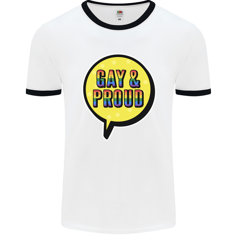 Gay and Proud LGBT Pride Awareness Mens White Ringer T-Shirt White/Black