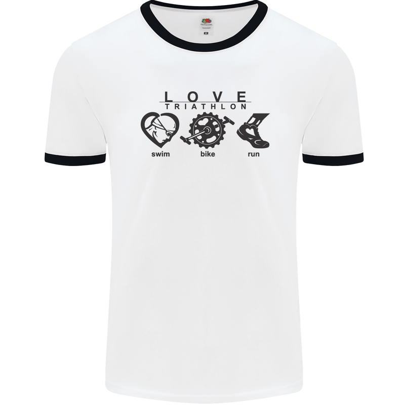 Love Triathlon Running Swimming Cycling Mens White Ringer T-Shirt White/Black