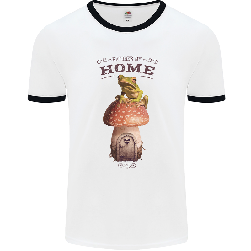 Nature My Home Mushroom Frog Mens Ringer T-Shirt White/Black