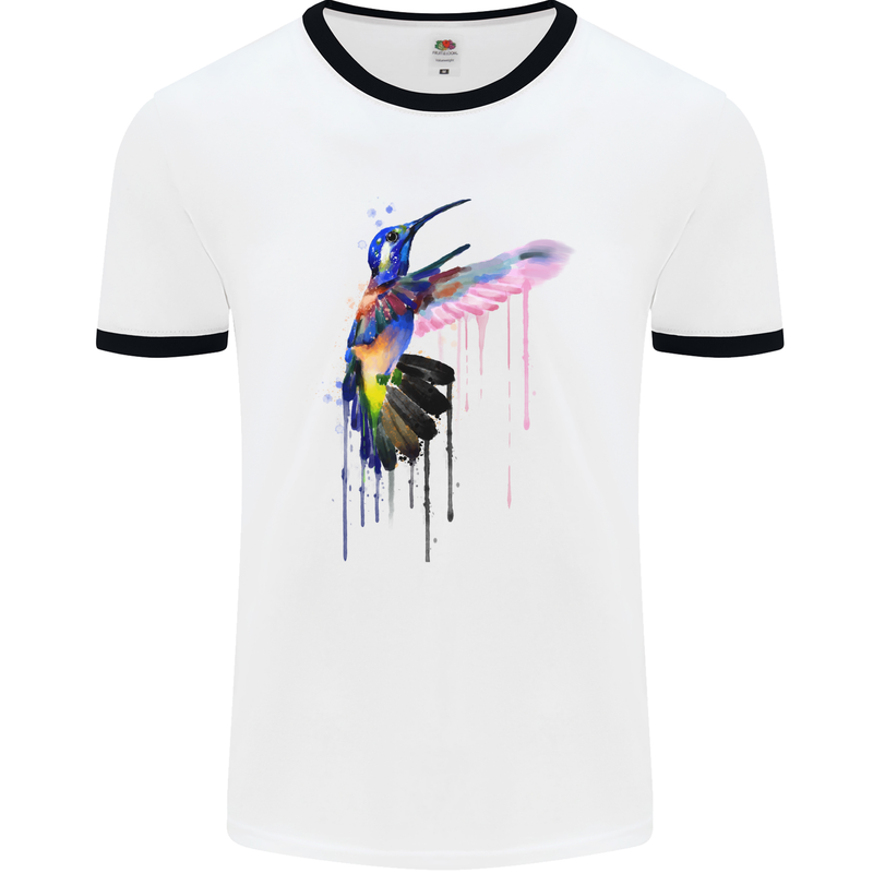 A Hummingbird Watercolour Bird Mens White Ringer T-Shirt White/Black