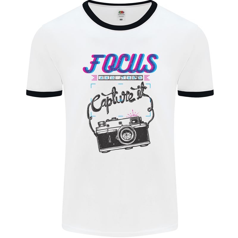 Focus and Then Capture It Photography Mens White Ringer T-Shirt White/Black