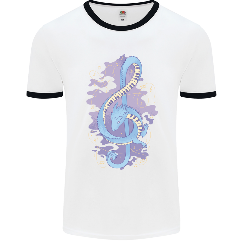 Musical Keyboard Dragon Mens White Ringer T-Shirt White/Black