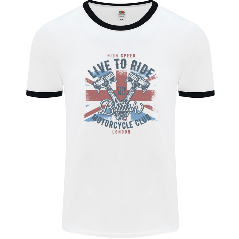 British Motorcycle Club Live to Ride Biker Mens White Ringer T-Shirt White/Black