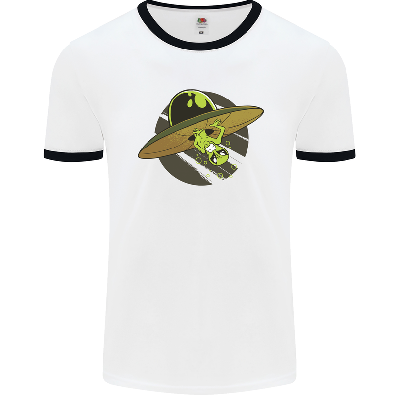 A Funny Alien Stuck in a UFO Flying Saucer Mens White Ringer T-Shirt White/Black