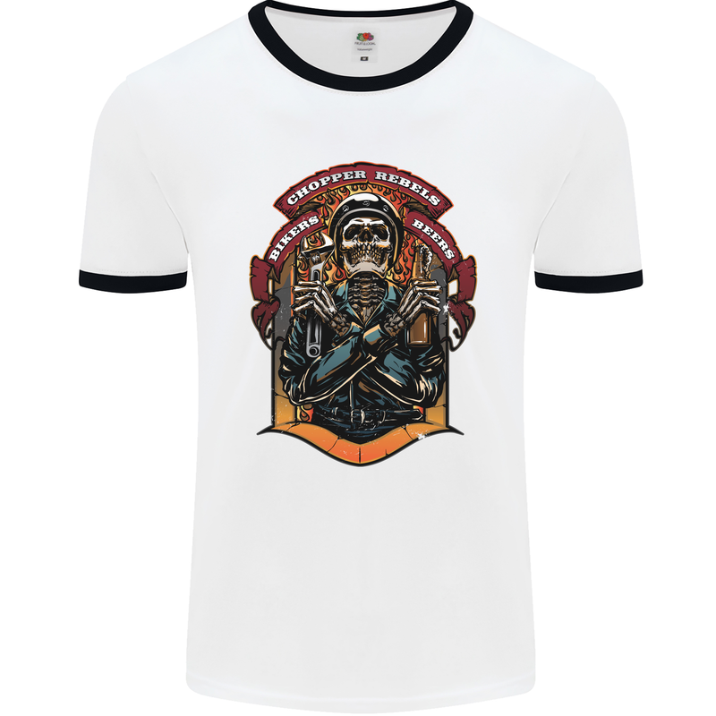 Motorbike Chopper Rebels Bikers Beers Mens Ringer T-Shirt White/Black