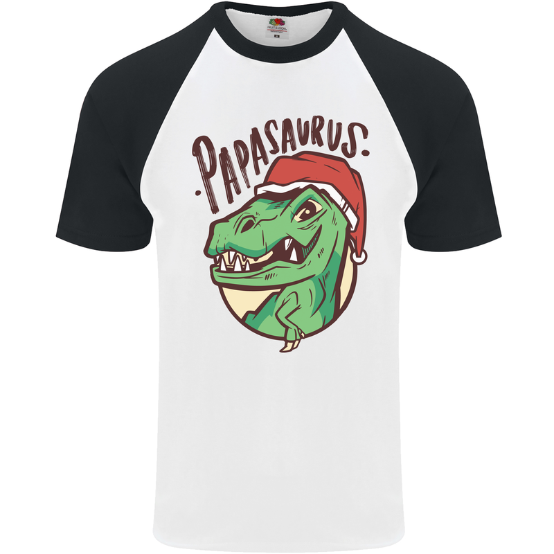 Christmas Papasaurus T-Rex Dinosaur Mens S/S Baseball T-Shirt White/Black