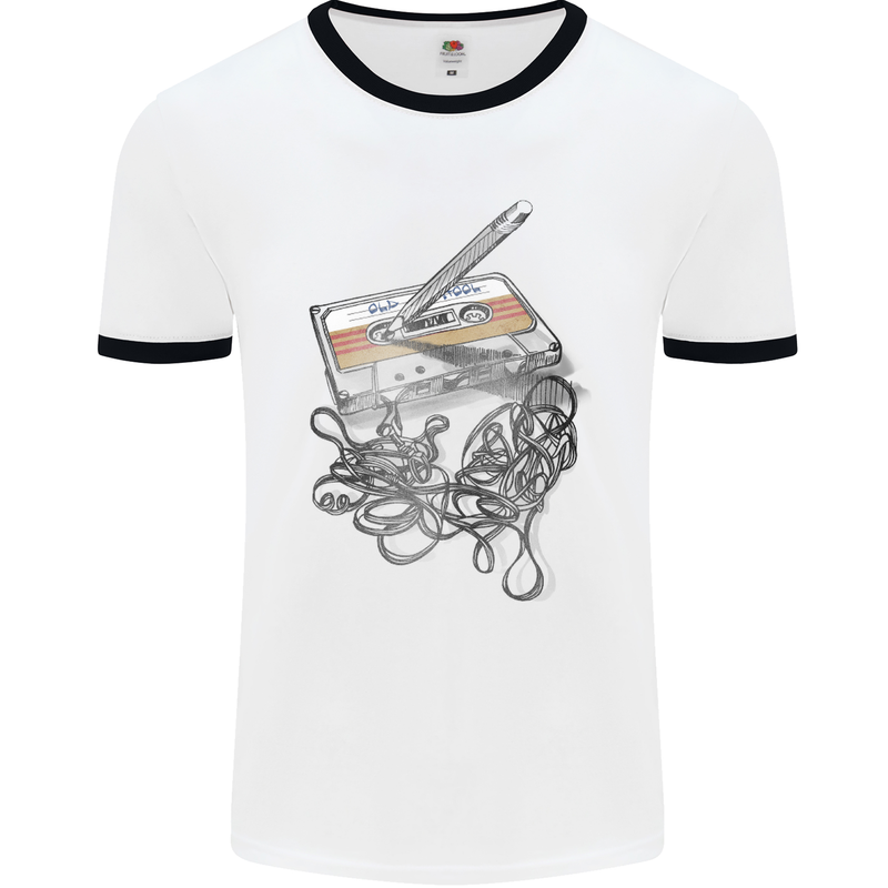 Old School Tape Cassette Music 80's 90's Mens White Ringer T-Shirt White/Black