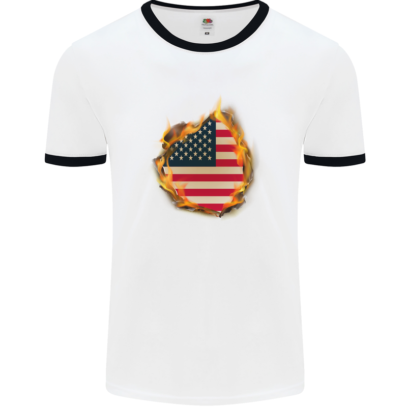 The Stars & Stripes American Flag Fire USA Mens White Ringer T-Shirt White/Black