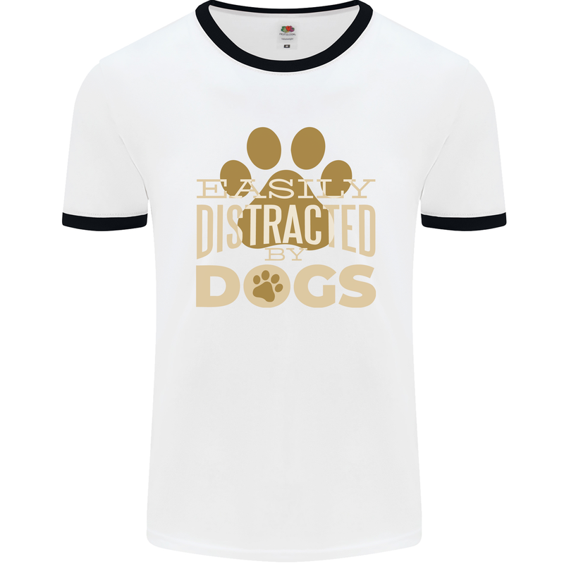 Easily Distracted By Dogs Funny ADHD Mens White Ringer T-Shirt White/Black