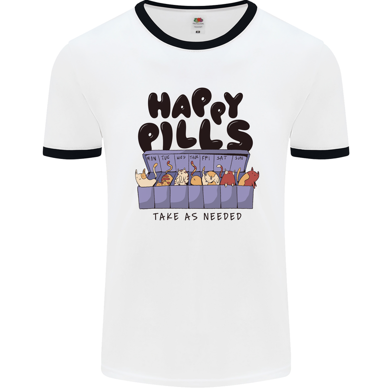 Cats Happy Pills Funny Feline Mens Ringer T-Shirt White/Black