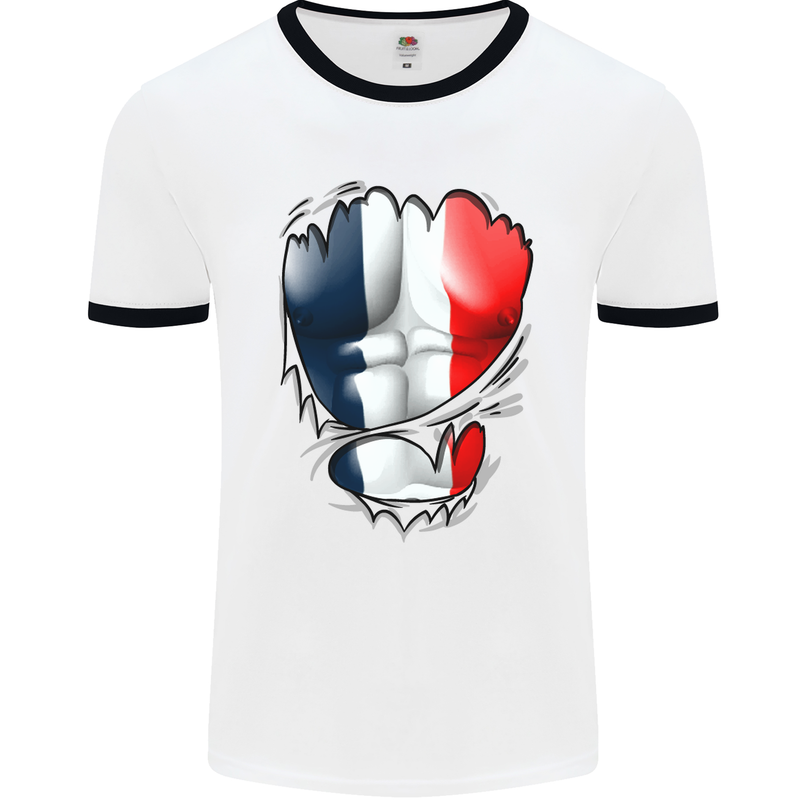 Gym French Tricolour Flag Muscles France Mens White Ringer T-Shirt White/Black