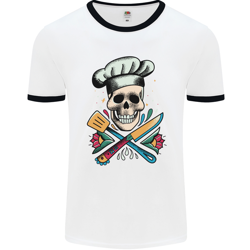 Chef Skull Mens White Ringer T-Shirt White/Black