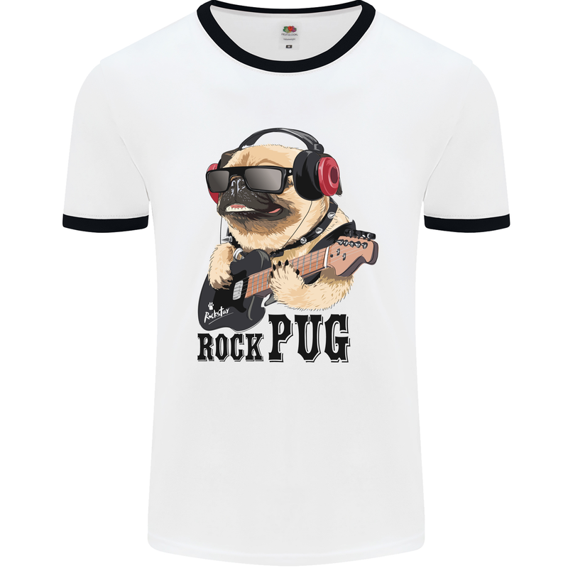 Rock n Roll Pug Funny Guitar Heavy Metal Mens White Ringer T-Shirt White/Black