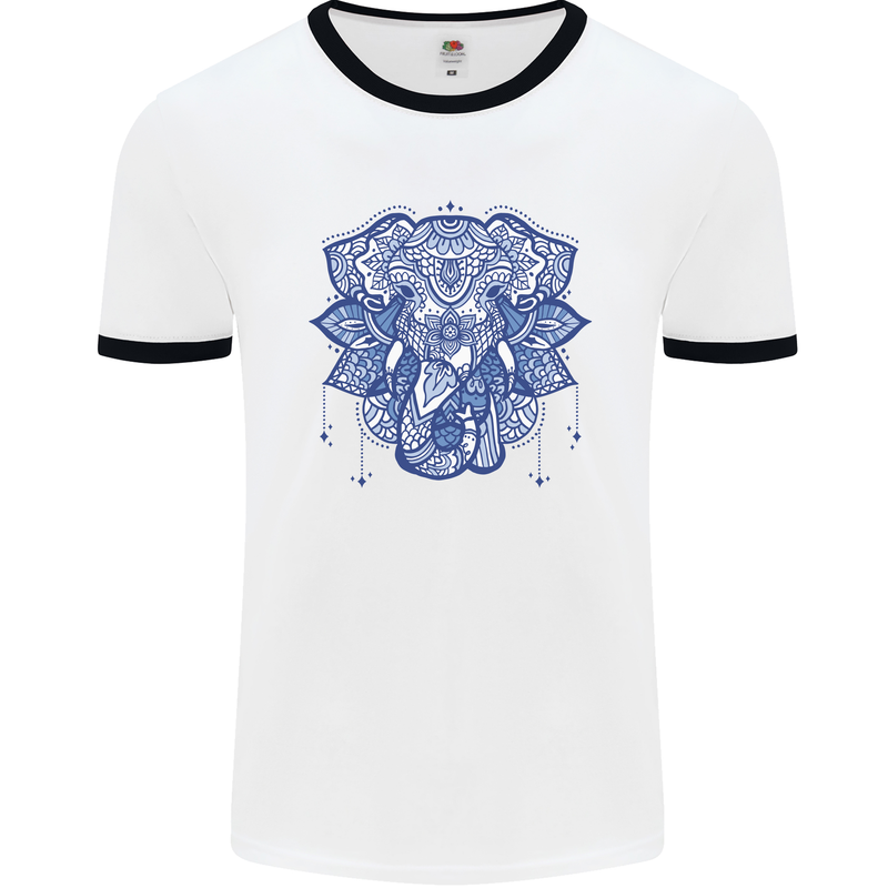 Elephant Mandala Art Mens White Ringer T-Shirt White/Black