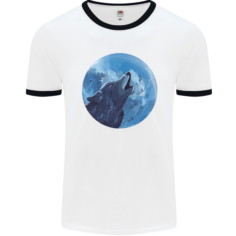 A Howling Wolf Full Moon Werewolves Mens White Ringer T-Shirt White/Black