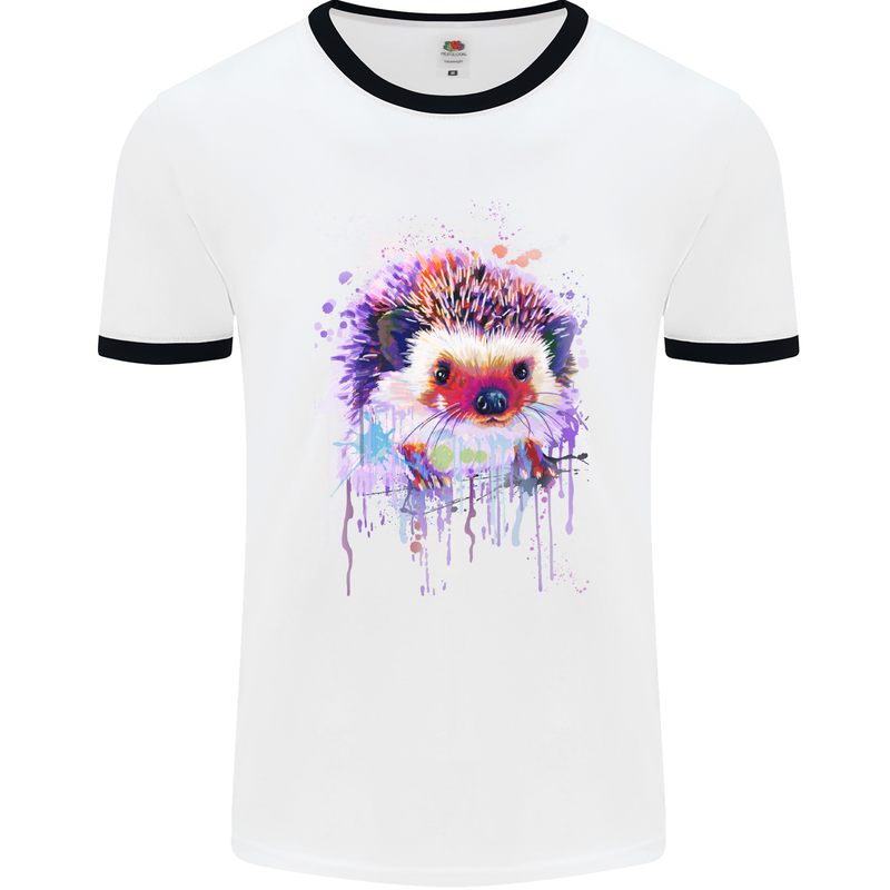 Hedgehog Watercolour Mens White Ringer T-Shirt White/Black