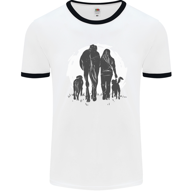 A Horse and Dogs Equestrian Riding Rider Mens White Ringer T-Shirt White/Black