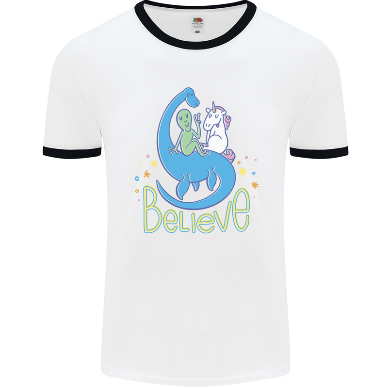 Believe in Dragons Unicorns Aliens Funny Mens White Ringer T-Shirt White/Black