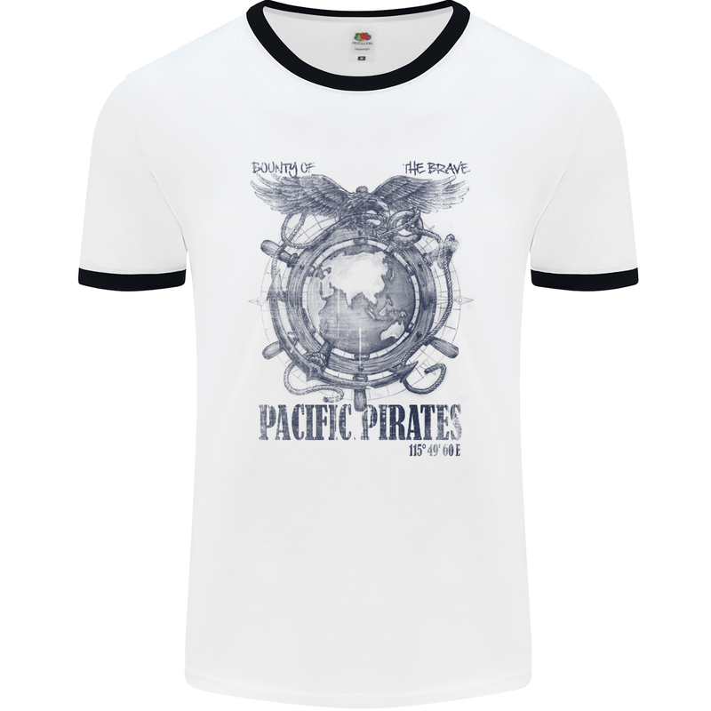 Pacific Pirates Sailing Sailor Boat Mens White Ringer T-Shirt White/Black