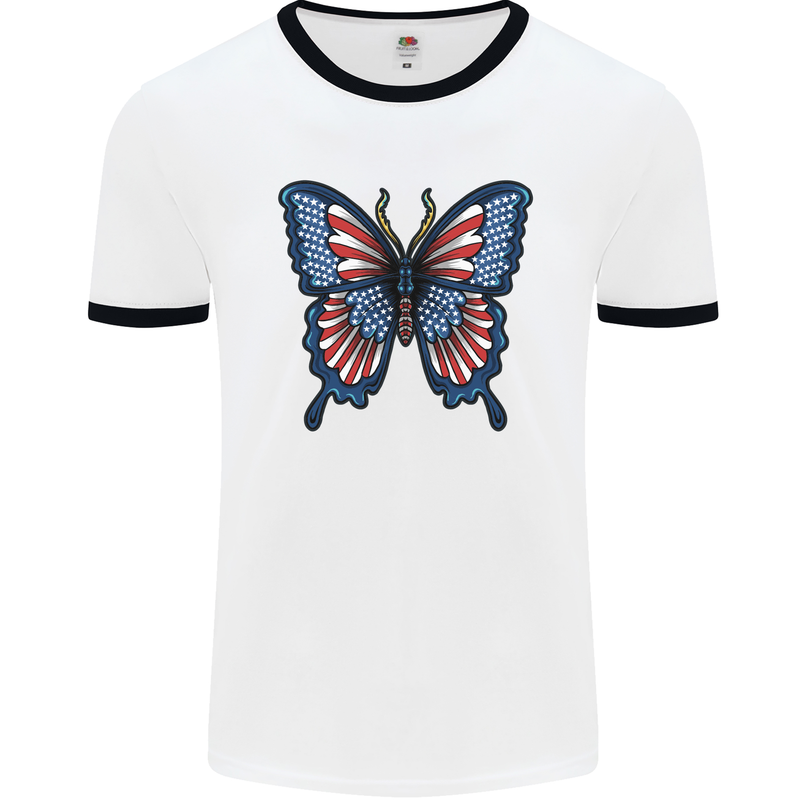 American Butterfly Flag USA July 4th Mens White Ringer T-Shirt White/Black