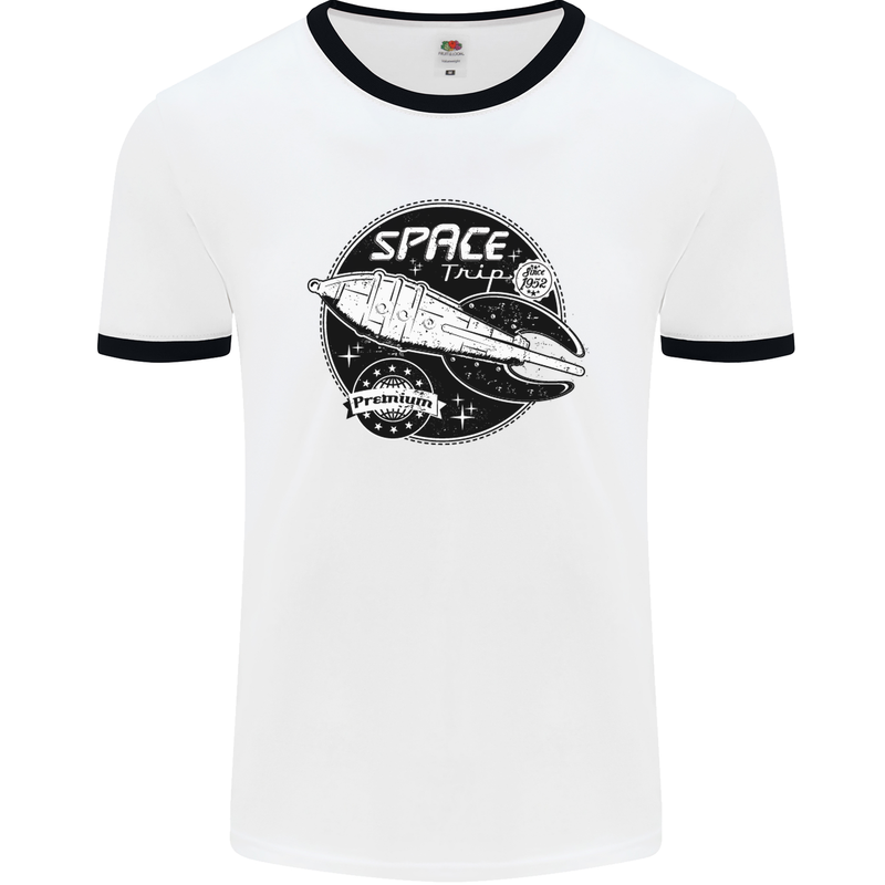Space Trip Rocket Ship Astronaut Mens White Ringer T-Shirt White/Black