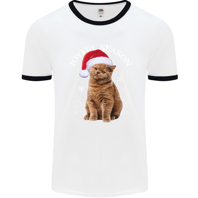 Joyful Season Christmas Funny Cat Xmas Mens White Ringer T-Shirt White/Black