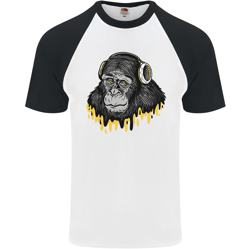 Monkey DJ Headphones Music Mens S/S Baseball T-Shirt White/Black