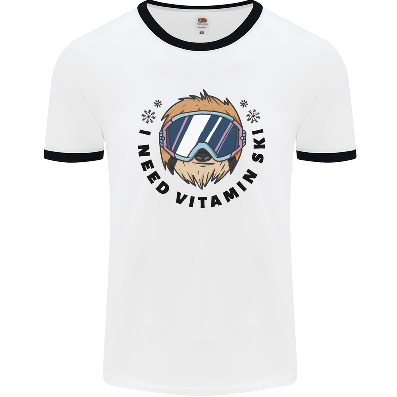 Vitamin Ski Funny Skiing Sloth Mens Ringer T-Shirt White/Black