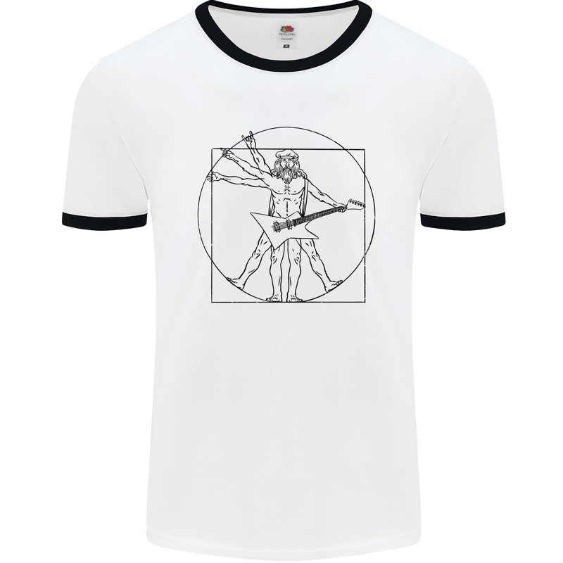 Old Rocker Vitruvian Guitarist Funny Guitar Mens White Ringer T-Shirt White/Black