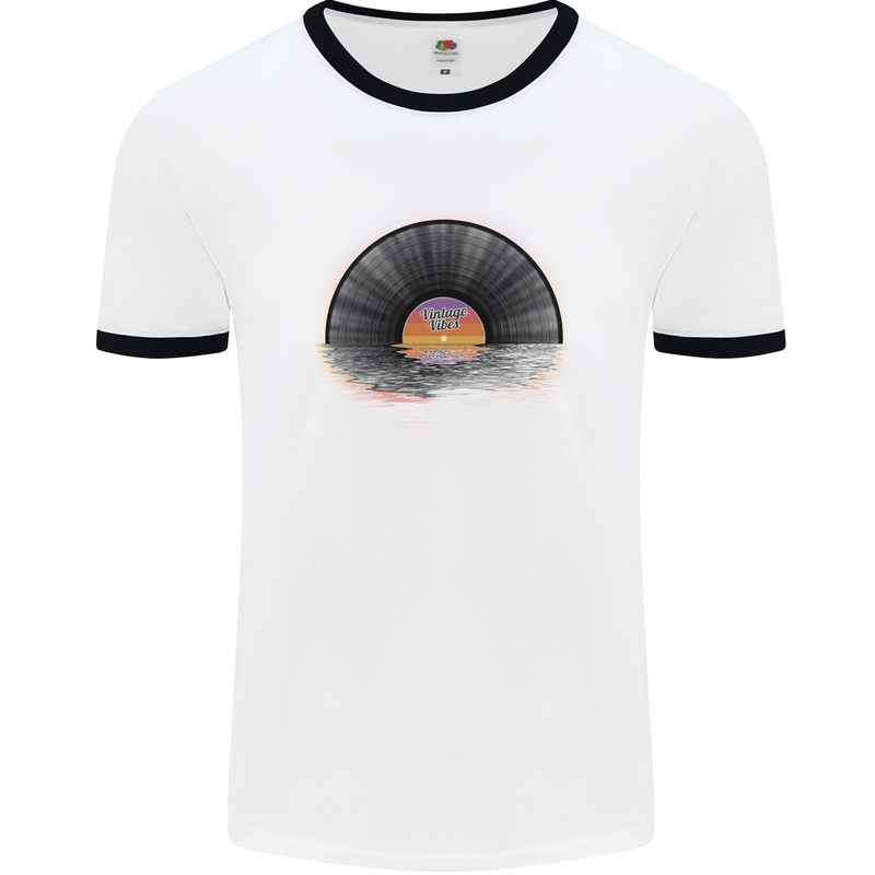 Vinyl Sunset Record LP Turntable Music Mens White Ringer T-Shirt White/Black