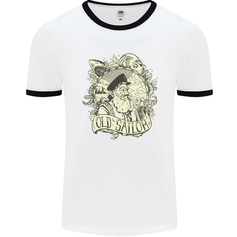 Old Sailor Octopus White Shark Captain Mens White Ringer T-Shirt White/Black