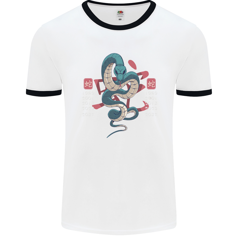 Chinese Zodiac Shengxiao Year of the Snake Mens White Ringer T-Shirt White/Black