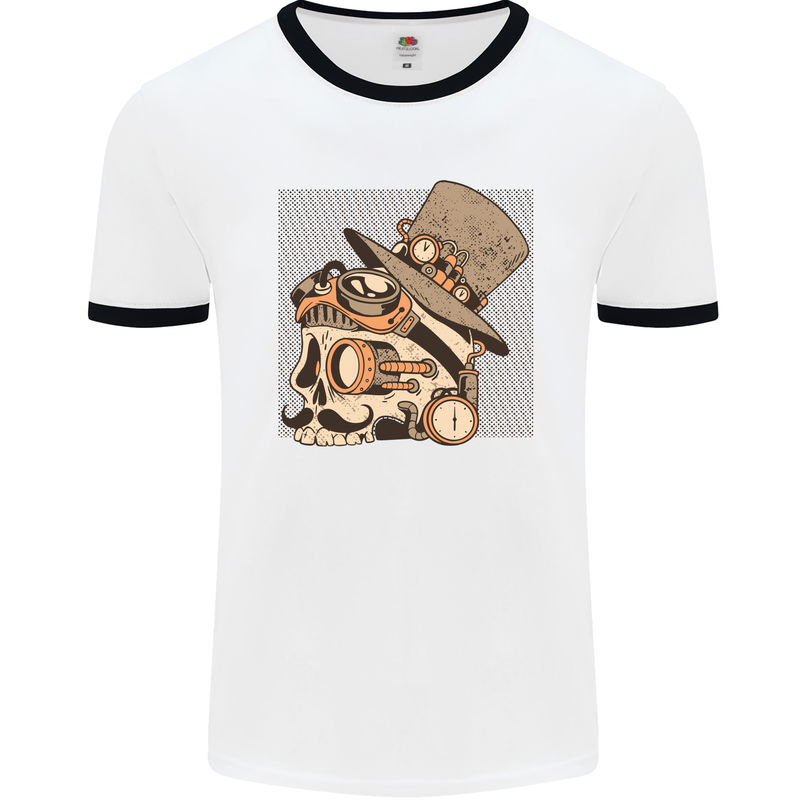 Steampunk Skull With Moustache Mens White Ringer T-Shirt White/Black