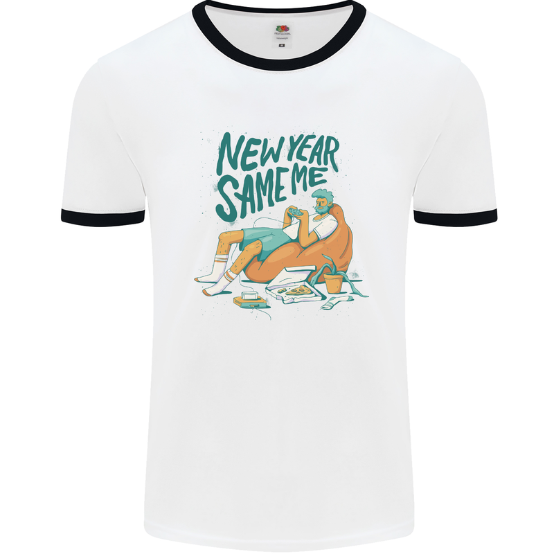 New Year Same Me Resolution Gaming Lazy Mens White Ringer T-Shirt White/Black